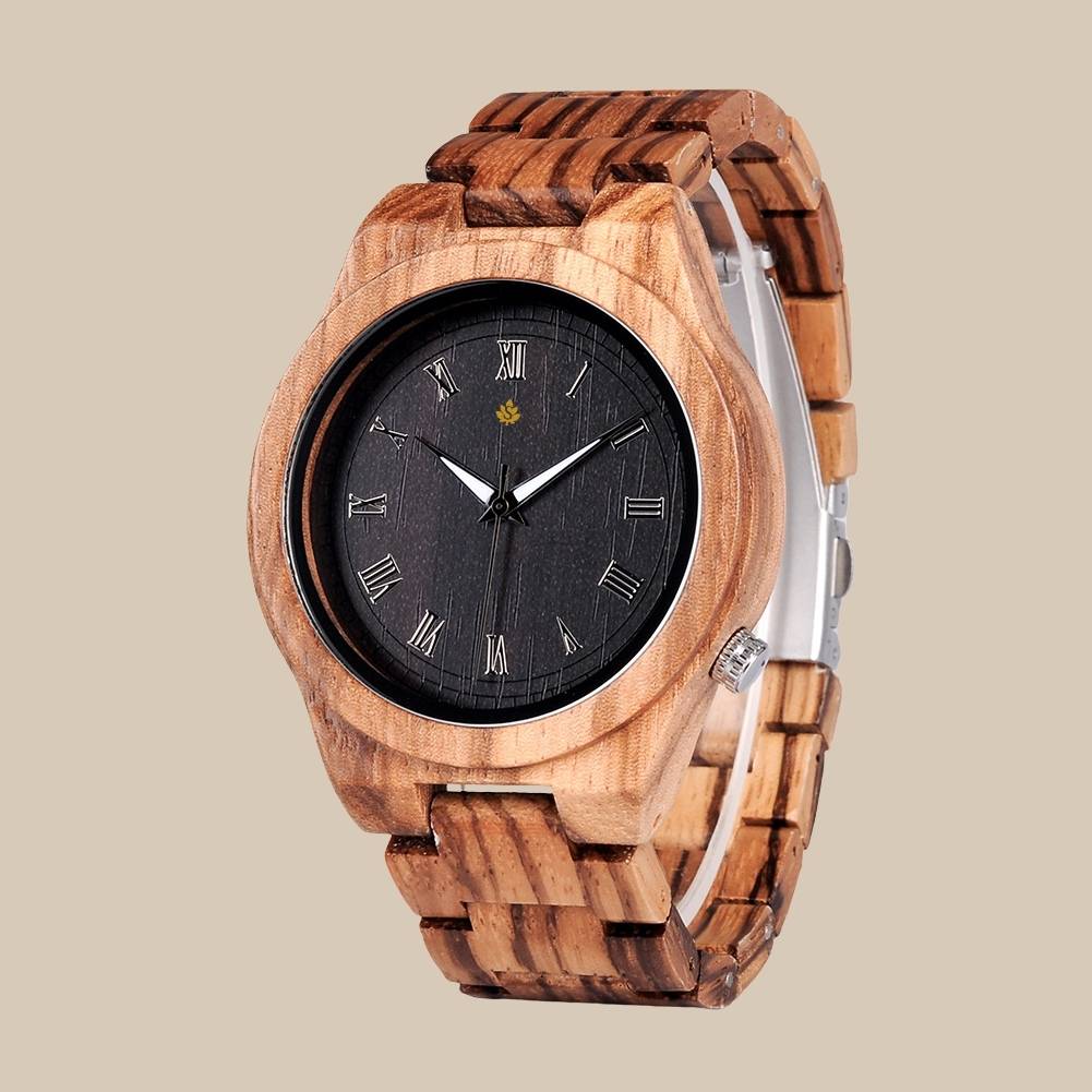 Showcase of the Sakawood Australia Roman wooden watch on a rustic wooden surface, showcasing detailed Roman numerals, and premium handcrafted quality by Sakawood Australia.