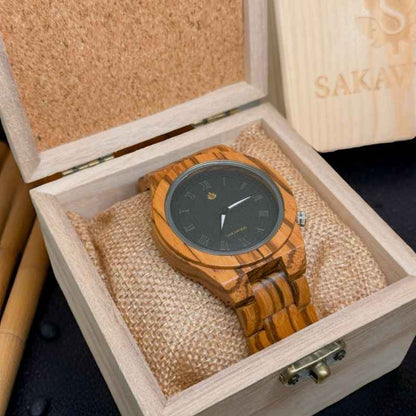 Flat lay of Sakawood “Australia?” Roman watch with wood eco-packaging — symbolizing Sakawood’s sustainable watch design and one-tree-per-order reforestation mission.